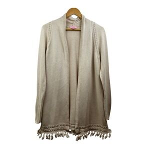 Lilly Pulitzer Open Cardigan Womens L Cream Cotton Fringe Boho Effortless Chic